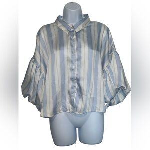 Milk & Honey Women’s Light Blue & White Striped Button-Front Balloon Sleeve Top